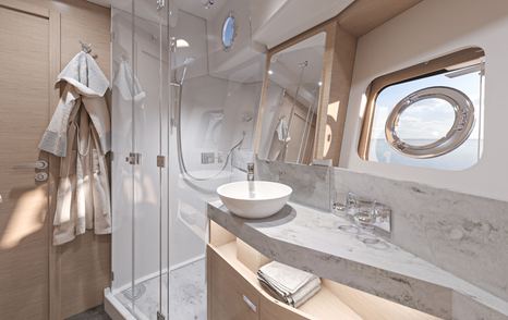 Beneteau Swift Trawler 54 interior bathroom, yacht for sale at Cannes Yachting Festival 2024