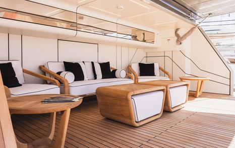 Gulf Craft's Majesty 120 motor yacht beach club with hydraulic stern and seating