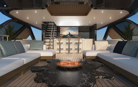 Rendering of Bering 165 explorer yacht upper deck with bar area and L-shaped sofas 