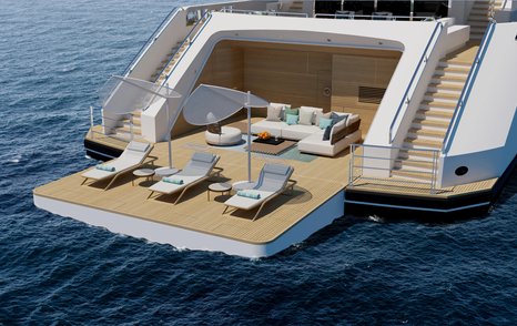 Rendering of superyacht Haife beach club with fold out stern and sun loungers 