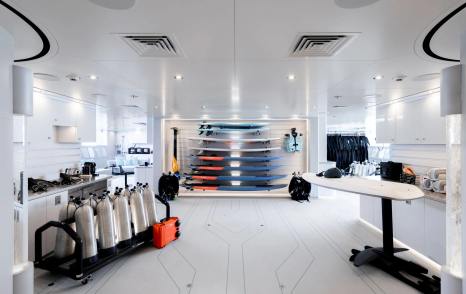 Superyacht Leviathan diving center with diving equipment