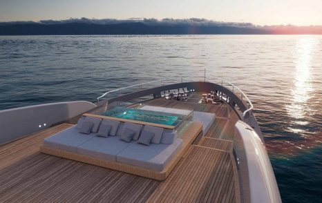 Rendering of Sanlorenzo SD132 motor yacht foredeck with sunpads and infinity pool