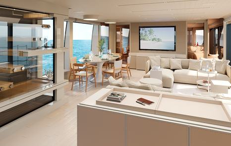 Rendering of SL106 Asymmetric motor yacht main saloon with dining and white furniture