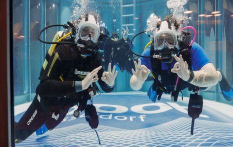 Two divers in a large tank at boot Dusseldorf