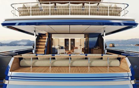 rendering of the aft deck of Navetta 30 yacht with sunpads and seating on lower deck and sunpads on sundeck