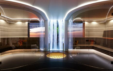 Rendering of Superyacht Kismet wellness area sauna with waterfall 