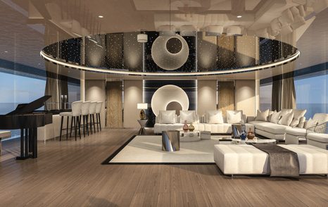 Inside Fincantieri Yachts BLANCHE piano lounge, with black piano port and a large U shaped seating arrangement, surrounded by wide expanse of windows