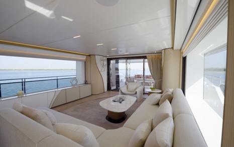 Open-plan main saloon aboard the Gulf Craft Majesty 100 Terrace looking towards the cockpit