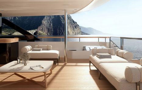 Rendering of Custom Line Navetta 35 superyacht aft deck seating with white furniture