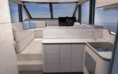 Rendering of Cruisers 50 FLY motor yacht upper interior and helm station