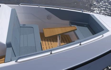 Rendering of Cruisers Yachts 45 VTR EC boat foredeck with integrated U-shaped seating 
