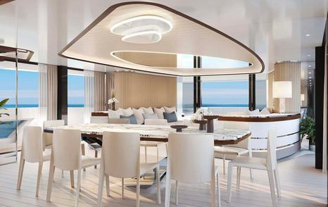 Rendering of superyacht Even Further interior dining area with circular LED overhead lighting and white furniture