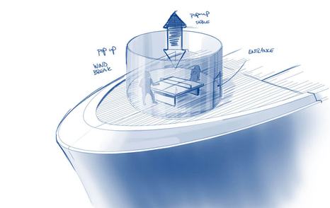 Artist impression of on deck table tennis facility surrounded by glass enclosure onboard Feadship 'Project FG' 