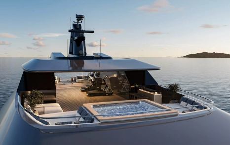 Rendering of Heesen Superyacht Project Ananda upper deck with pool and sun loungers 