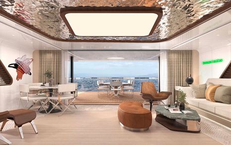 Rendering of superyacht Even Further beach club interior with beige and brown furniture 