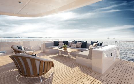 Rendering of Superyacht Agnetha aft deck with U-shaped alfresco dining