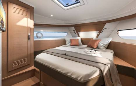 Beneteau Swift Trawler 37 Fly forward cabin with skylight and portholes and wardrobe storage