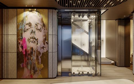 Rendering of Sanlorenzo 75Steel Superyacht Silver Fox interior staircase with abstract artwork