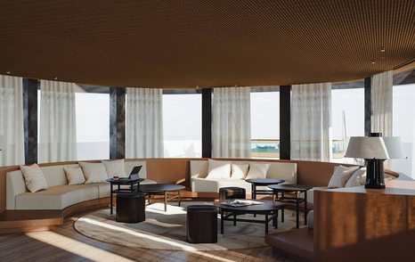Rendering of Benetti B.Yond 57M superyacht main salon curved sofa