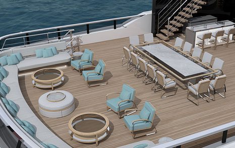 built-in seating, coffee tables, blue arm chairs and dining table surrounded by 14 chairs on the teak deck of a Continental yacht model 