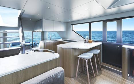 Rendering of Outer Reef 540 Adventure motor yacht interior bar area with stools