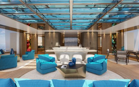 Rendering of Sanlorenzo 74Steel superyacht beach club with blue furniture and glass bottomed swimming pool
