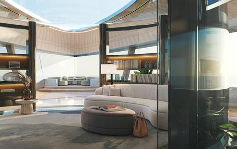 Rendering of Feadship Superyacht Hive salon curved white seating enclosed area 