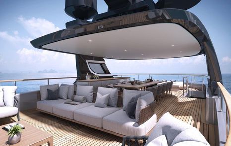 Exterior rendering showing sundeck on Oasis 34M