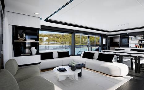 Rendering of Pearl Yachts Pearl 100 Hybrid motor yacht main saloon with L-shaped white sofa