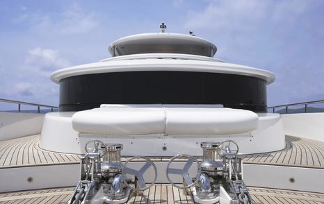 The exterior decking on board a Johnson 110 Skylounge yacht