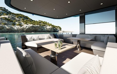 Outer Reef 780 Adventure expedition yacht exterior with shaded seating
