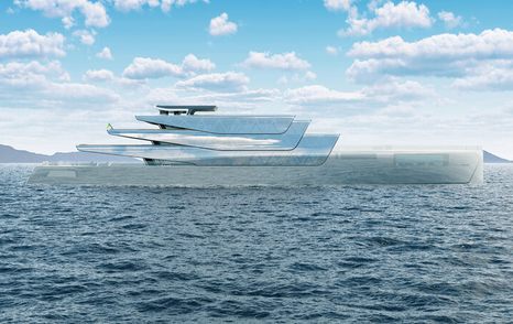 Side view rendering of superyacht PEGASUS concept at sea.