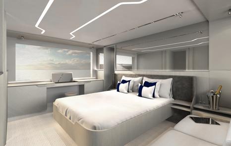 rendering of the master suite on board the Targa 58 GTB showing a large bed with white linen, white wall panels, light floorboard and a large window