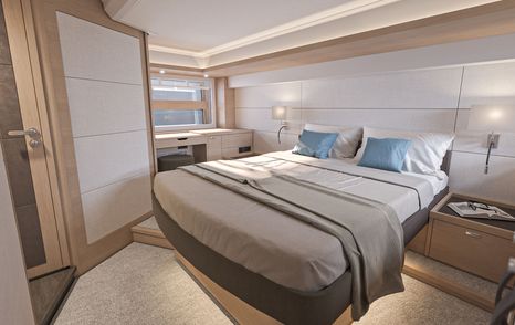 Beneteau Swift Trawler 54 interior cabin, yacht for sale at Cannes Yachting Festival 2024