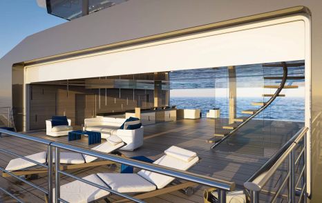 Rendering of superyacht ICE 68 fold out balcony with sunpads and seating