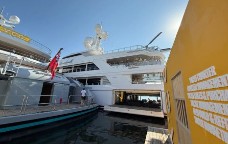 Port side and fold out beach club on Boardwalk V at Palm Beach International Boat Show 2026