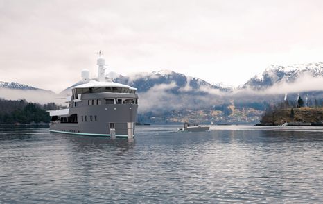 Frontal image of Damen SeaXplorer 55 expedition yacht underway, surrounded by arctic environment