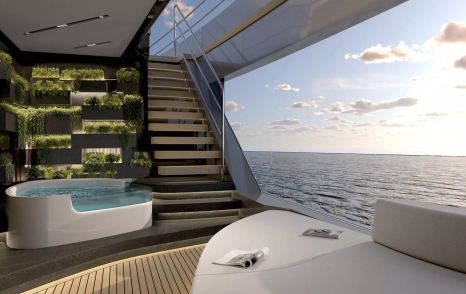 Rendering of LIVIA Infinite superyacht open saloon with large window and jacuzzi