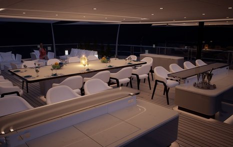 Rendering of superyacht Project Life's shaded al fresco dining at night