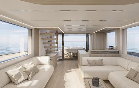 Rendering of Solaris Power 70 Long Range motor yacht main saloon with white L-shaped sofa
