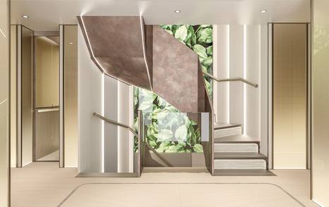 Rendering of superyacht Maddam C interior spiral staircase 
