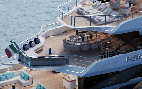 Elevated rendering view of aft decks onboard superyacht FELICITÁ