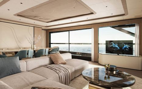 Rendering of Mangusta GranSport 34 Motor Yacht saloon with TV and marbled coffee table 