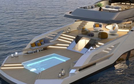 Rendering of Tankoa T55 Sportiva superyacht beach club with infinity pool