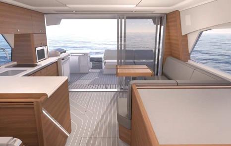 Rendering of Aquila 42 Coupé Powercat Catamaran interior with glass sliding doors 