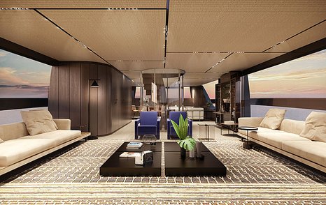 Long view of Sanlorenzo SX112 crossover yacht main salon, with sofas on either side, two chairs and a pair of ground based coffee tables.