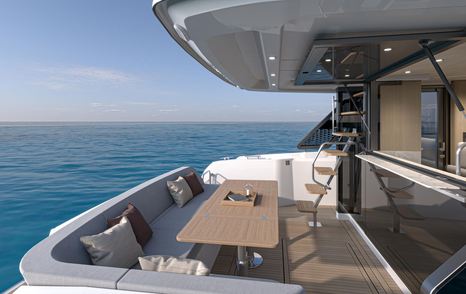 Rendering of Prestige F4.3 motor yacht aft deck alfresco dining