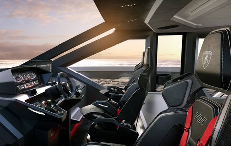 Rendering of Tecnomar for Lamborghini 101 motor yacht helm station 