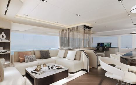 Rendering of Bering BC60 Explorer Catamaran main salon L-shaped white sofa