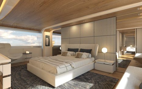 Rendering of double bed in cabin with large glass windows on Benetti Motopanfilo